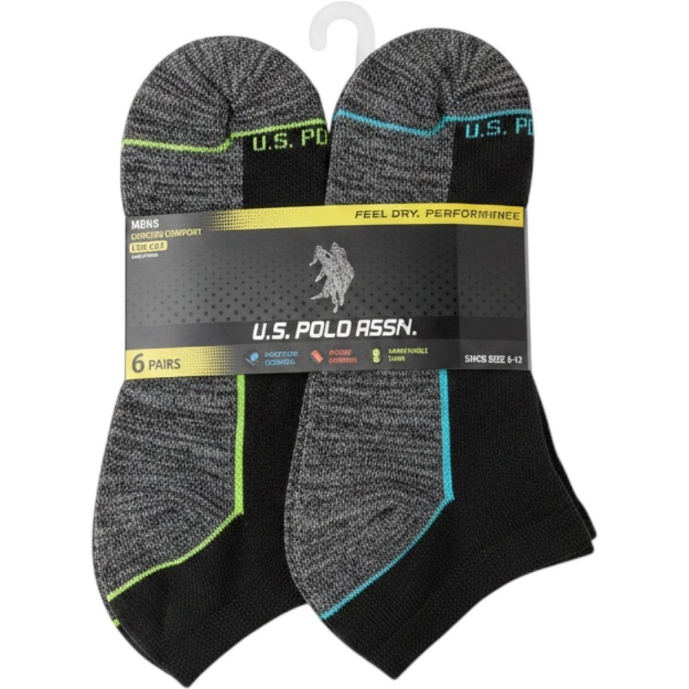 US Polo Assn Mens Low Cut Socks 6 Pair Pack Cushion Comfort Black Grey 6-12 NWT